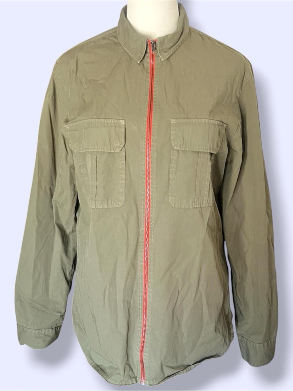 zadig & voltaire green zip up military style jacket with orange contrast zipper